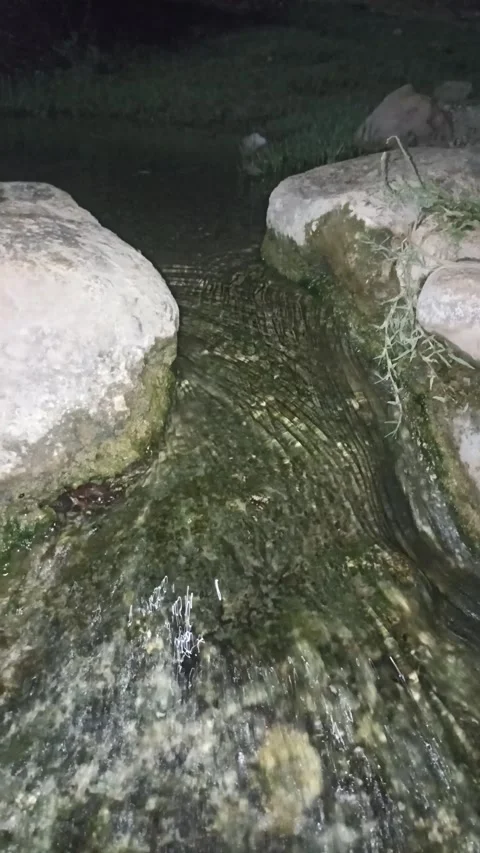 Night stream water flowing between rocks under artificial light 스톡 동영상 340900116