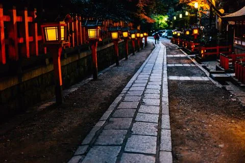 Night street with Japanese lamp in Kyoto, Japan Stock Photos