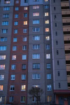 Night street view of Soviet panel apartment block in Minsk, Belarus Stock Photos