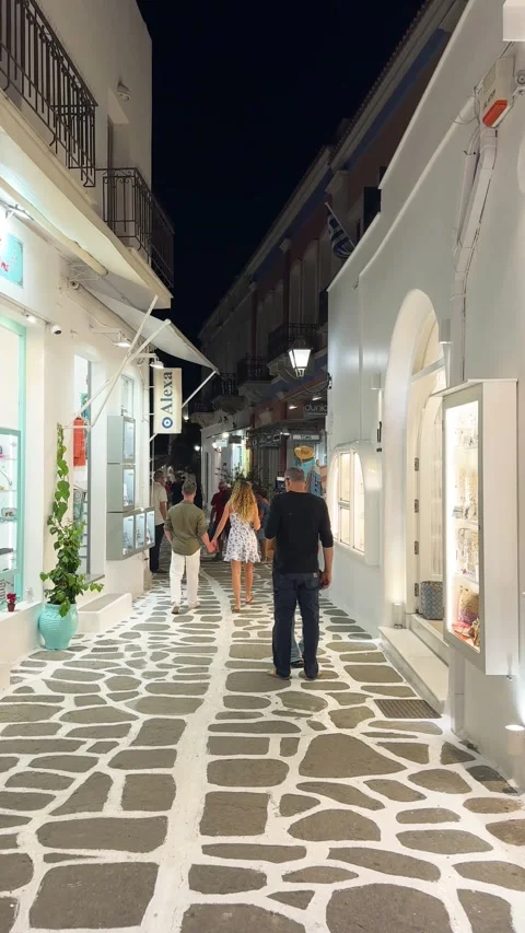 Night Stroll Through Cycladic Streets in Paros Stock Footage 297264327