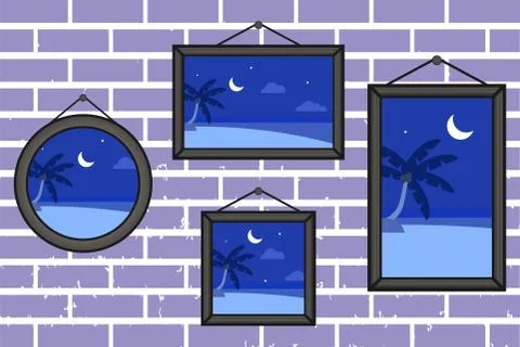 Night summer beach frames on a wall Stock Illustration