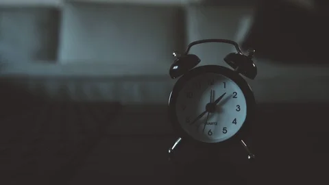 Night Table Dark Clock Ticking In Living Room Cinematic Stock-Footage 122841329