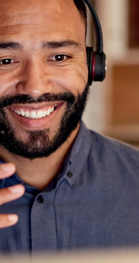 Night, talking and man in call center on computer for consulting, financial Stock Footage 335792595
