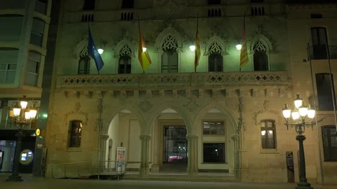 Night Terrassa ayuntamiento hall mayor building pan up Stock Footage