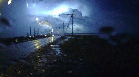 Night Thunder Storm from Car on Dam Stock Footage 36293348