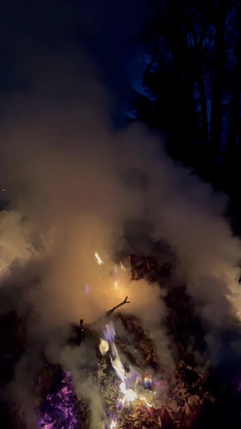 Night time bond fire with smoke Portrait Stock Footage 257285192