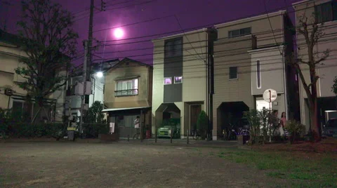 Night Time Bright Moon Over Tokyo Residential Neighborhood Stock Footage 51169549