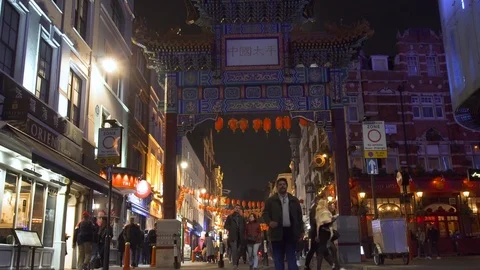 Night time Chinatown gate red decorative lanterns London Soho Wardour street Stock Footage 101244610