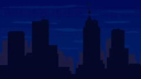 Night time cityscape pixel background. High buildings silhouette with cloud.. Illustrazione stock