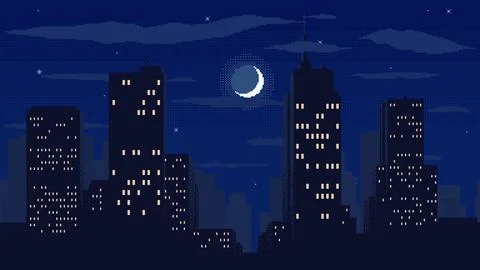 Night time cityscape pixel background. High buildings silhouette with moon,.. Illustrazione stock