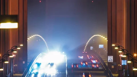 Night Time Close Up Golden Gate Bridge Fog Traffic San Francisco Timelapse Stock Footage 196761203