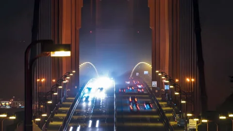 Night Time Close Up Golden Gate Bridge Fog Traffic San Francisco Timelapse Stock Footage 196763669