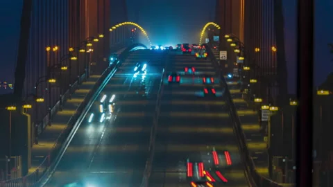 Night Time Close Up Golden Gate Bridge Fog Traffic Bicycle People Timelapse 8k Stock Footage 197342944