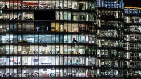 Night time Close up View Office Windows Business Center London City UK Time Stock Footage 102717441