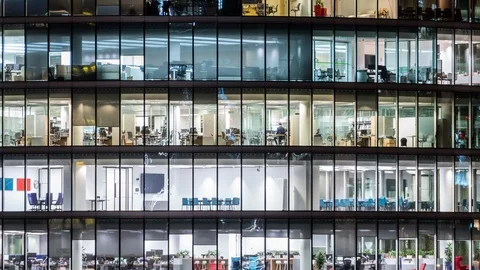 Night time Close up View Office Windows Business Center London City UK Time Stock Footage 103257590