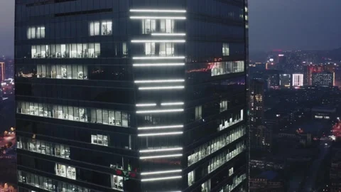 Night Time Close Up View Office Windows Skyscraper Meixi Lake Stock Footage 169001818