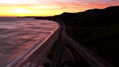 Night Time evening Sunset over Malibu PCH Highway in Southern California Stock Footage 334942061