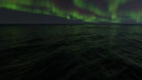 Night Time Flying Over Ocean With Aurora Stock Footage 142345293