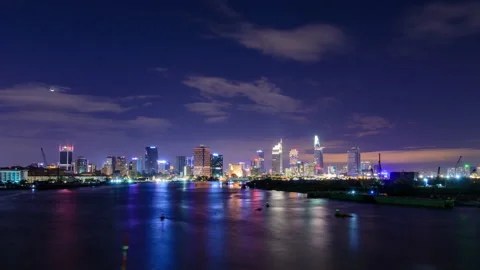 Night time illumination traffic river luxury hotel bay rooftop panorama Stock Footage 188414740