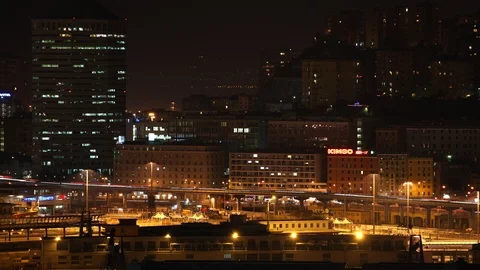Night Time Lapse Aerial View Genoa Skyline Landmark Cars Traffic Jam on Highway Stock Footage 109307536