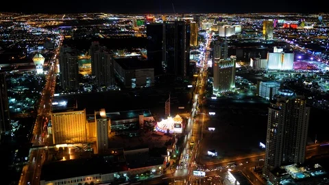 Night Time Lapse Aerial View of Las Vegas Skyline Landmark Car Traffic on Strip Stock Footage 109309550