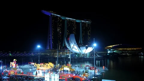 Night Time Lapse Aerial View of Singapore with People at Chinese New Year Party Stock Footage 109314481