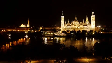 Night Time-lapse at the Basilica of Our Lady of the Pillar of Zaragoza Stock Footage 98213042