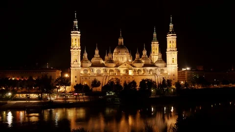 Night Time-lapse at the Basilica of Our Lady of the Pillar of Zaragoza Stock Footage 98213727
