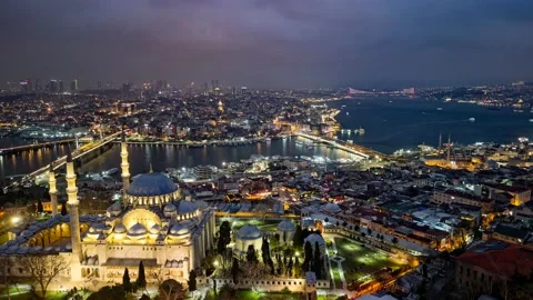 Night time-lapse of the Bosphorus and Suleymaniye Mosque in Istanbul Stock Footage 239223719
