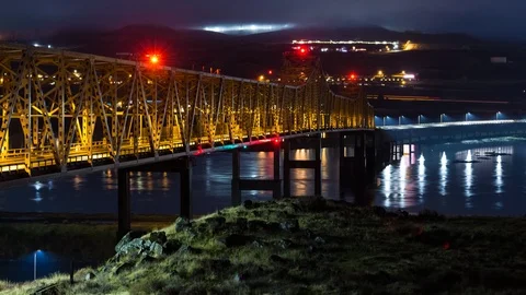 Night Time Lapse of Bridge Over The Columbia River Gorge into The Dalles Stock Footage 100421930