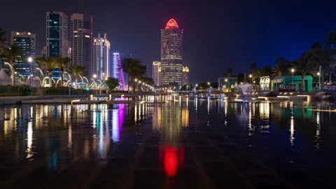 Night time lapse clip of the Ooredoo tower in Doha Stock Footage 312000428