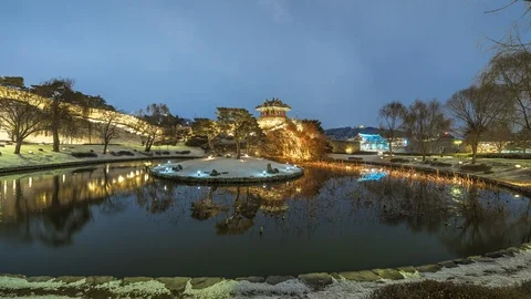 Night time lapse clouds at Suwon Hwasong Fortress in winter. Stock Footage 125919455
