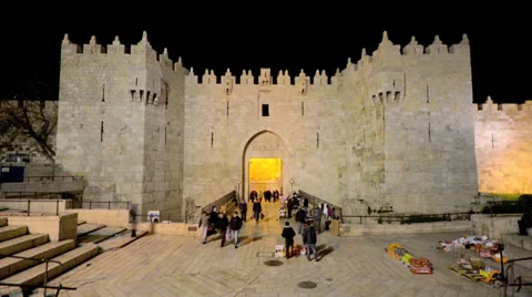 Night time lapse of the Damascus Gate in Jerusalem, Israel Stock Footage 33721914