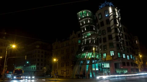 Night time lapse of the Dancing House in Prague HD 스톡 동영상 63430137