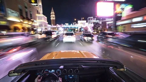 Night time lapse drive in Las Vegas in a convertible or cabriolet sports car Stock Footage 104792584