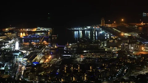 Night Time Lapse Elevated view of V&amp;A Waterfront Harbor and cars streaking th Stock Footage 120547643