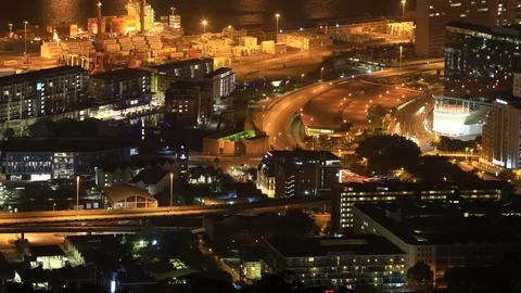 Night Time Lapse Elevated view of Motorway Traffic along the Foreshore dock a Stock Footage 120549762