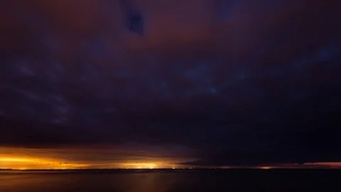 Night Time Lapse Fast Moving Clouds Over Water City Lights Stock Footage 85320403