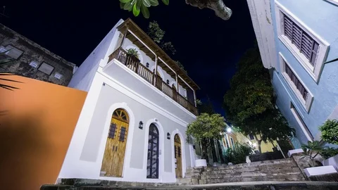 Night Time lapse hyperlapse in old town colonial San Juan streets, Puerto Rico Stock Footage 96105740