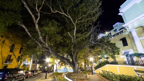Night time lapse hyperlapse in old colonial San Juan, Puerto Stock Footage 96109626