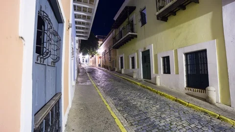 Night Time lapse hyperlapse in old town colonial San Juan street, Puerto Rico Stock Footage 96121549