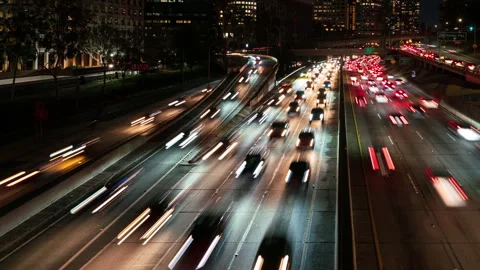 Night Time Lapse of Los Angeles Downtown Looking Over Freeway California USA Stock Footage 333144338