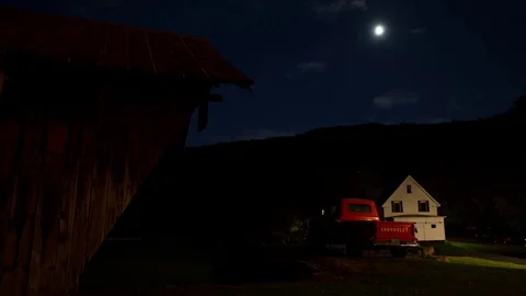 Night Time lapse of old truck at Farmhouse in Woodstock Vermont Stock Footage 80773098