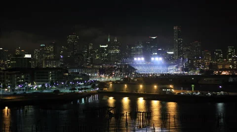 A night time-lapse overlooking the Giants Stadium in San Francisco Stock Footage 58491408