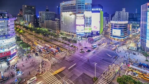 Night Time-lapse People crowd and traffic in Ximending shopping district, Taipei Stock-Footage 152496849