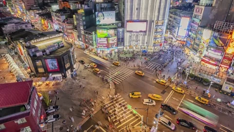 Night Time-lapse People crowd and traffic in Ximending shopping district, Taipei Stock-Footage 152497035