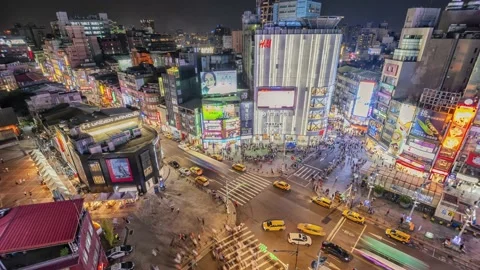 Night Time-lapse People crowd and traffic in Ximending shopping district, Taipei Stock-Footage 152497056