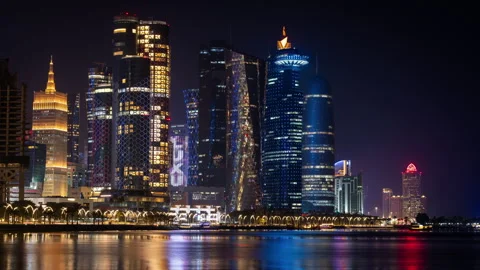 Night time lapse of the skyline of Doha Stock Footage 314016911