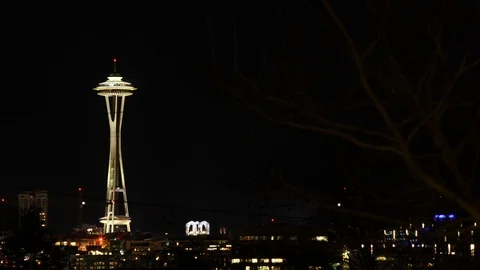 Night Time-Lapse of Space Needle in Seattle WA 4K Stock Footage 100567228