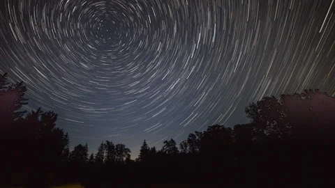 Night time lapse with star trails over forest. North Star surroundings. Stock Footage 251318980